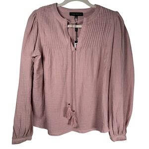 Catherine Malandrino NWT Organic Cotton Gauze Blouse Mauve Pleated Tassel S